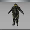 Armored Humanoid Creature in Tactical Suit With Helmet and Protective Gear Standing Pose