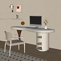Modern White Desk with Computer Monitor Vase Clock and Chair Near Shelves
