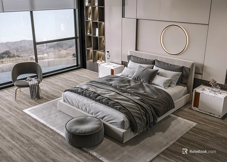 Double Bed in Modern Bedroom with Floor to Ceiling Window Mountain View and Round Mirror 3d model 