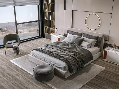 Double Bed in Modern Bedroom with Floor to Ceiling Window Mountain View and Round Mirror 3d model