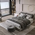 Double Bed in Modern Bedroom with Floor to Ceiling Window Mountain View and Round Mirror