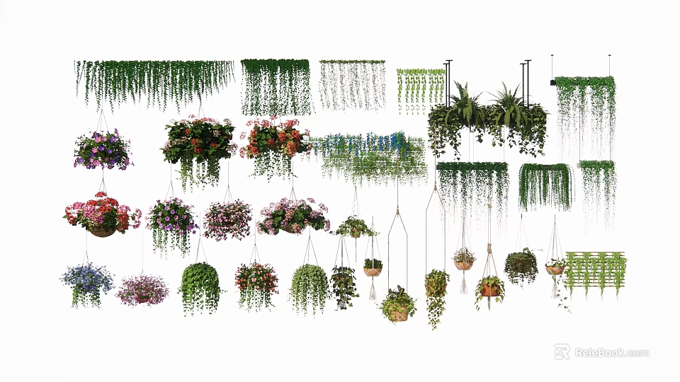 Various Hanging Potted Plants With Green Leaves And Colorful Flowers For Indoor Decoration 3d model 