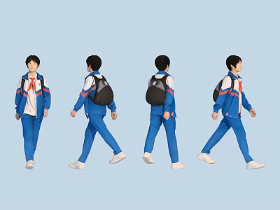 Students Wearing Blue School Uniforms Carrying Backpacks Walking In Different Angles 3d model