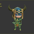 Chibi Style Fantasy Warrior Character With Blue Armor Golden Horns And Weapon