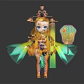 Cute Oriental Fantasy Creature With Golden Long Hair Blue Eyes Green Wings Holding Lantern