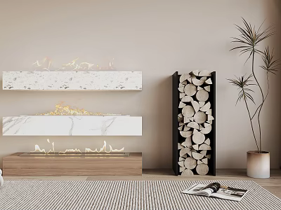 Modern Marble Fireplace Design with Wood Stack and Decorative Indoor Plants 3d model
