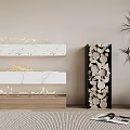 Modern Marble Fireplace Design with Wood Stack and Decorative Indoor Plants