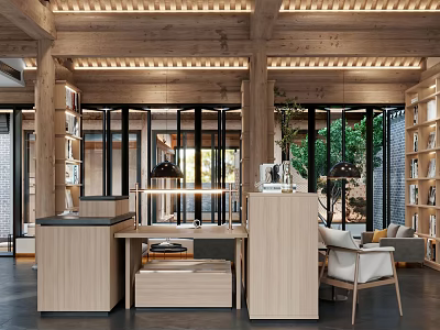 Modern Teahouse Interior With Wooden Furniture Large Windows And Bookshelves 3d model
