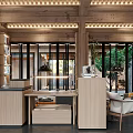 Modern Teahouse Interior With Wooden Furniture Large Windows And Bookshelves