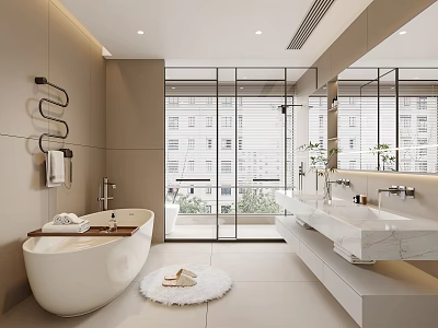 Modern Bathroom Interior Design With Freestanding Bathtub Marble Countertop Glass Shower Large Mirror And Window 3d model