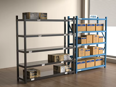 Black and Blue Metal Storage Shelves with Cardboard Boxes Near Window And Wooden Floor 3d model
