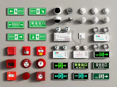 Complete Fire Safety Equipment Set Including Emergency Exit Signs Smoke Detectors Alarm Buttons And Cameras 3d model