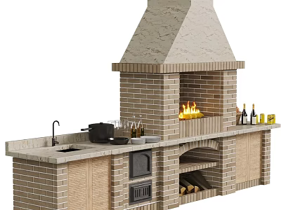 Garden Outdoor Kitchen With Brick Fireplace Sink Cabinets Wine Bottles And Firewood 3d model