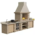 Garden Outdoor Kitchen With Brick Fireplace Sink Cabinets Wine Bottles And Firewood