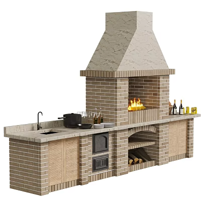 Garden Outdoor Kitchen With Brick Fireplace Sink Cabinets Wine Bottles And Firewood 3d model