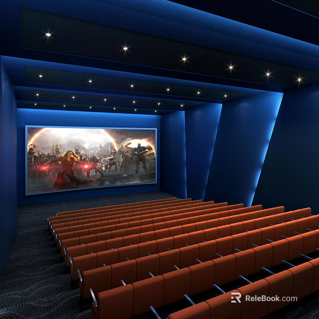 Blue Cinema Interior With Star Lights On Ceiling Large Movie Screen And Red Seats 3d model 
