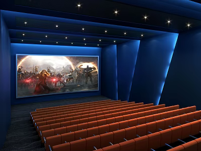 Blue Cinema Interior With Star Lights On Ceiling Large Movie Screen And Red Seats 3d model
