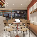 Milk Tea Shop Interior Featuring Red Counter Bear Decoration Round Tables And Light Colored Chairs