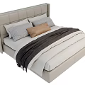 Modern Beige Double Bed with Upholstered Headboard Pillows and Bedding 3d model