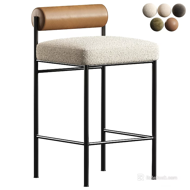 Modern Bar Stool With Light Fabric Padded Seat And Black Metal Frame 3d model 