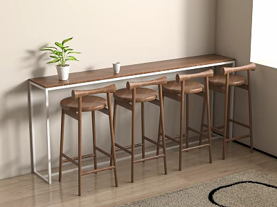 Modern Bar Counter With Four Wooden Stools Green Plant And White Cup On Wooden Floor 3d model