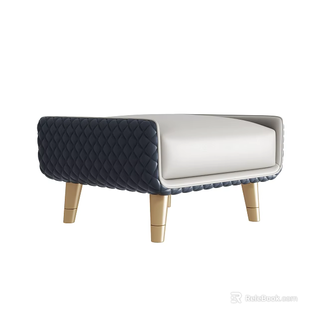 Modern Ottoman With Dark Blue Tufted Sides Light Beige Cushion And Gold Legs 3d model 