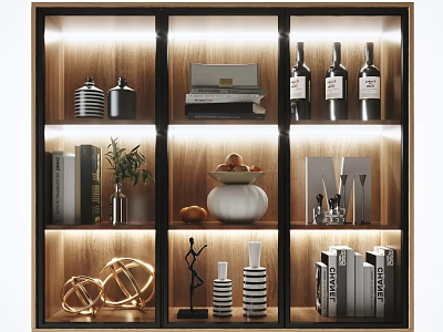 Stylish Decorative Ornament Combination In Modern Display Cabinet With Compartments Books Plant Vase And Wine Bottles 3d model