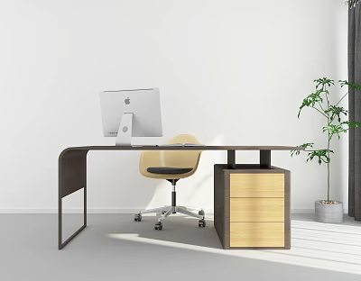 Modern Office Desk With iMac Computer Yellow Chair Wooden Cabinet And Green Plant 3d model