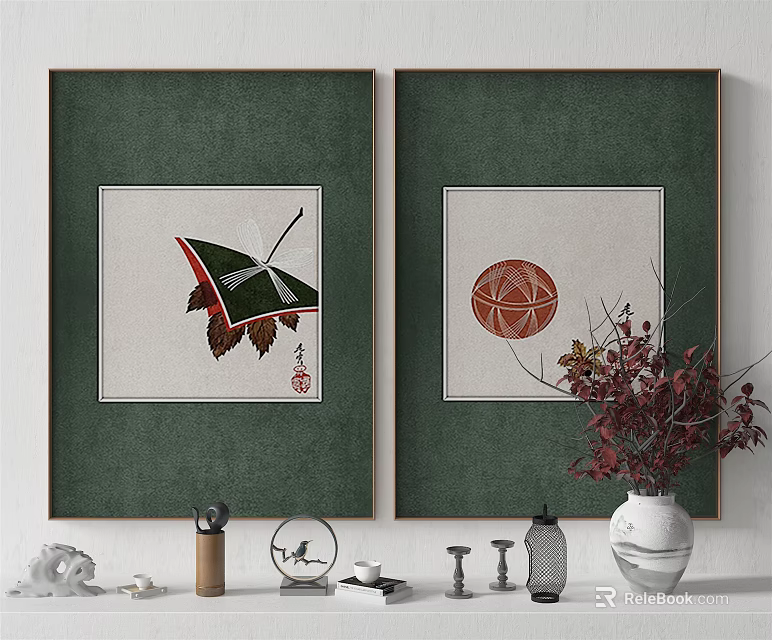 Green Framed Wall Art With Umbrella Leaves Spherical Pattern And Decorative Vase 3d model