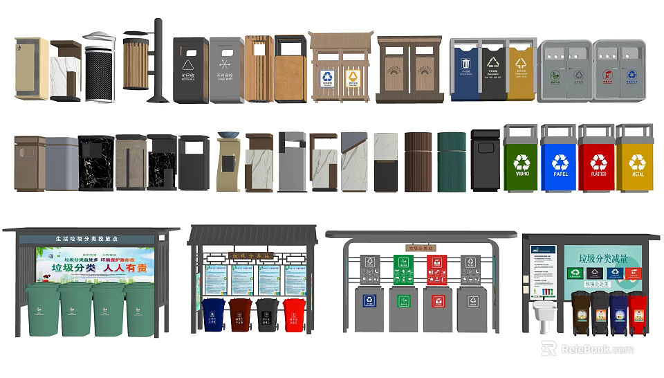 Various Types Of Waste Bins And Recycling Trash Cans At Bus Stop Facilities 3d model 