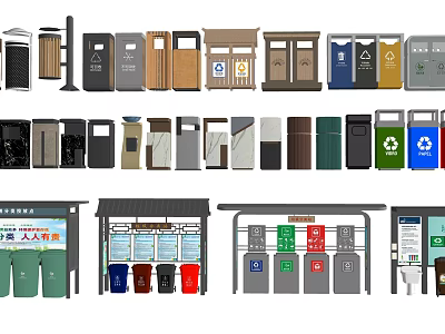 Various Types Of Waste Bins And Recycling Trash Cans At Bus Stop Facilities 3d model