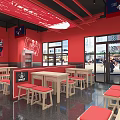 Red Themed Restaurant Interior With Wooden Tables Red Stools Large Screen And Cashier Counter