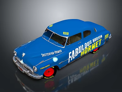 Blue Vintage Car With FABULOS NET SPECTACULAR POWER V8 Decals And Red Wheels 3d model