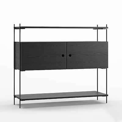 Modern Black Wood Grain Console Cabinet With Two Door Metal Frame And Bottom Shelf 3d model