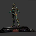 Futuristic Armored Character Standing On Circular Platform With Green Blue Purple Accents