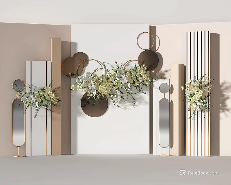 Elegant Modern Floral Display With Geometric Shapes White Flowers And Greenery 3d model 