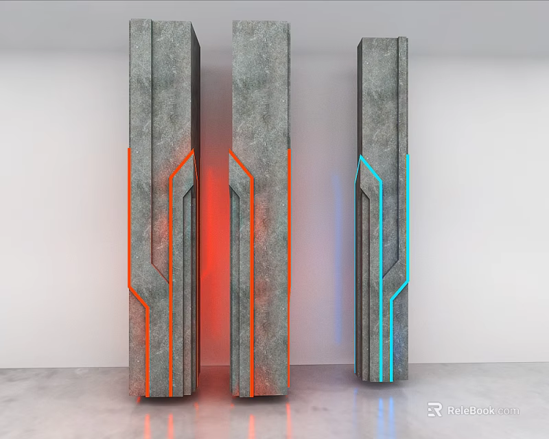 Three Modern Concrete Columns With Red And Blue Illuminated Strips Design 3d model 