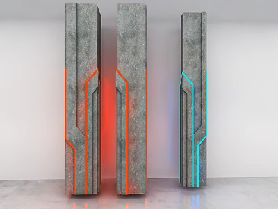 Three Modern Concrete Columns With Red And Blue Illuminated Strips Design 3d model