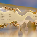 Modern Tea Break Area With Wavy Backdrop And Floral Decorations On High Tables