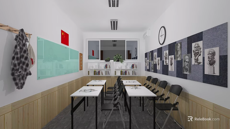 School Classroom Interior With Greenboard Chinese Flag Clock Wall Pictures Desks Chairs Bookshelf And Plants 3d model 