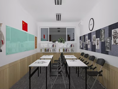 School Classroom Interior With Greenboard Chinese Flag Clock Wall Pictures Desks Chairs Bookshelf And Plants 3d model
