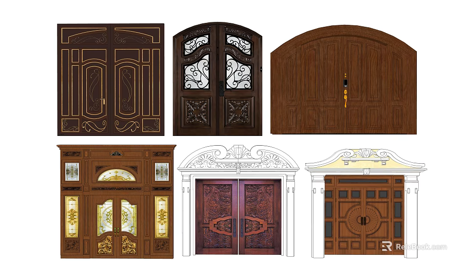 Diverse Door Designs with Carved Patterns Glass Panels and Wooden Frames for Home Entrance 3d model 