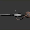 Futuristic Axe Shaped Weapon With Red Handle Metallic Blades And Green Glowing Component