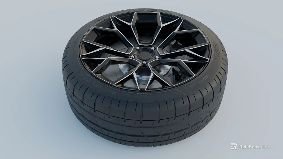 Car Tire with Black Geometric Alloy Wheel and Tread Pattern Design 3d model 