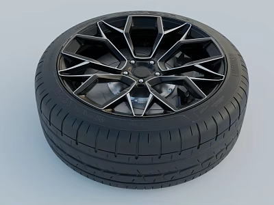 Car Tire with Black Geometric Alloy Wheel and Tread Pattern Design 3d model