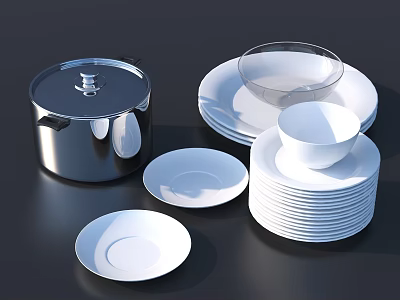 Stainless Steel Pot And White Dinnerware Set With Plates Bowls And Glass Bowl 3d model
