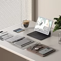 Tablet Connected To Keyboard On Modern Desk With Coffee Cup Notebooks Pen And Green Plant