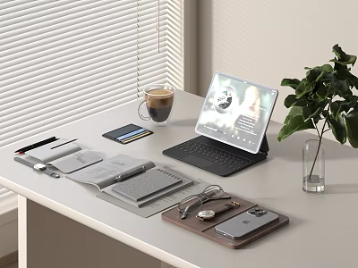 Tablet Connected To Keyboard On Modern Desk With Coffee Cup Notebooks Pen And Green Plant 3d model