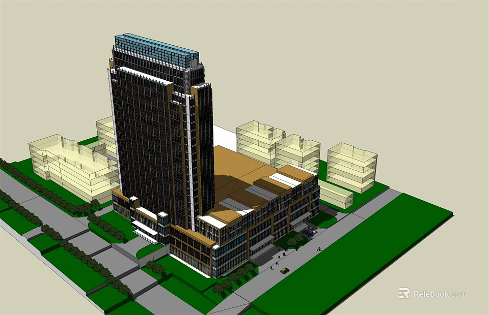 Modern High Rise Office Building With Surrounding Structures Green Lawn And Roads 3d model 
