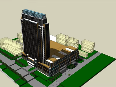 Modern High Rise Office Building With Surrounding Structures Green Lawn And Roads 3d model